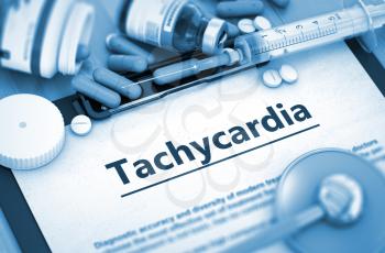 Tachycardia - Medical Report with Composition of Medicaments - Pills, Injections and Syringe. Tachycardia Diagnosis, Medical Concept. Composition of Medicaments. 3D Render.