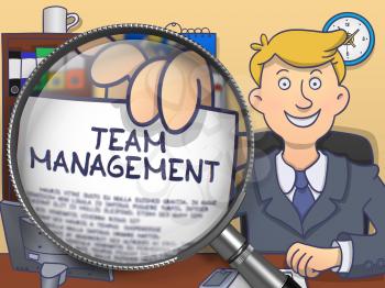 Team Management. Concept on Paper in Business Man's Hand through Magnifier. Multicolor Doodle Style Illustration.