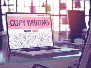 Copywriting Concept. Closeup Landing Page on Laptop Screen in Doodle Design Style. On Background of Comfortable Working Place in Modern Office. Blurred, Toned Image. 3D Render.