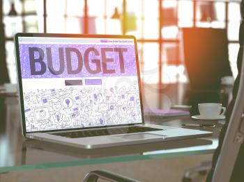 Budget Concept. Closeup Landing Page on Laptop Screen in Doodle Design Style. On Background of Comfortable Working Place in Modern Office. Blurred, Toned Image. 3D Render.