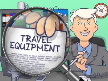 Man Welcomes in Office and Showing Paper with Offer - Travel Equipment. Closeup View through Lens. Multicolor Doodle Illustration.