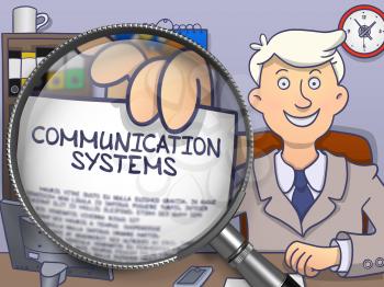 Man Holds Out a Concept on Paper Communication Systems. Closeup View through Magnifier. Colored Modern Line Illustration in Doodle Style.