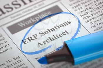 Newspaper with Small Ads of Job Search ERP Solutions Architect. Blurred Image. Selective focus. Hiring Concept. 3D Render.