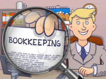 Bookkeeping. Man Showing Paper with Business Offer through Magnifier. Multicolor Doodle Illustration.