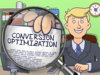 Businessman in Suit Looking at Camera and Holding a Paper with Conversion Optimization Concept through Lens. Closeup View. Colored Modern Line Illustration in Doodle Style.