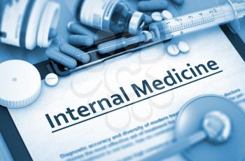 Internal Medicine on Background of Medicaments Composition - Pills, Injections and Syringe. 3D Render.