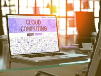 Cloud Computing Concept Closeup on Landing Page of Laptop Screen in Modern Office Workplace. Toned Image with Selective Focus. 3D Render.