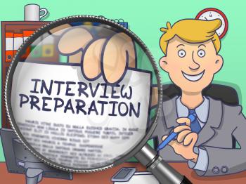 Interview Preparation on Paper in Officemans Hand through Magnifying Glass to Illustrate a Business Concept. Multicolor Modern Line Illustration in Doodle Style.