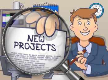 Businessman Holding a Paper with Concept New Projects. Closeup View through Magnifying Glass. Multicolor Doodle Illustration.