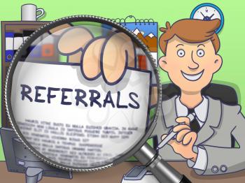 Referrals through Magnifier. Young Business Man Welcomes in Office and Holds Out Paper with Concept. Multicolor Doodle Style Illustration.