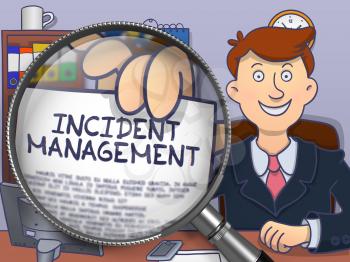 Man in Suit Shows Paper with Concept Incident Management through Magnifying Glass. Closeup View. Colored Modern Line Illustration in Doodle Style.