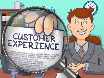 Customer Experience through Magnifier. Businessman Holds Out a Paper with Inscription. Closeup View. Colored Doodle Illustration.