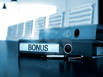 Office Binder with Inscription Bonus on Black Desk. Bonus - Illustration. Bonus - Business Concept on Blurred Background. 3D Render.