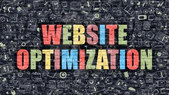Website Optimization - Multicolor Concept on Dark Brick Wall Background with Doodle Icons Around. Modern Illustration with Elements of Doodle Style. Website Optimization on Dark Wall.