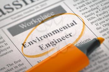 Environmental Engineer. Newspaper with the Jobs Section Vacancy, Circled with a Orange Highlighter. Blurred Image. Selective focus. Job Seeking Concept. 3D Illustration.