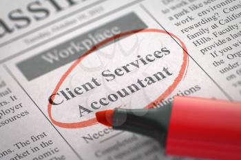 Client Services Accountant. Newspaper with the Vacancy, Circled with a Red Marker. Blurred Image. Selective focus. Job Seeking Concept. 3D Render.