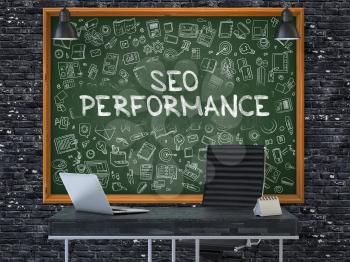 SEO - Search Engine Optimization - Performance - Handwritten Inscription by Chalk on Green Chalkboard with Doodle Icons Around. Business Concept. Modern Office. Dark Brick Wall Background. 3D.