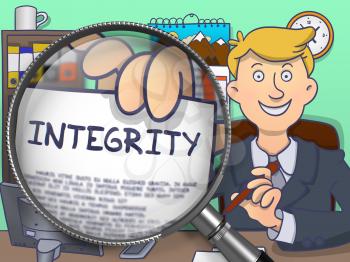 Integrity. Man in Office Workplace Showing through Magnifier Concept on Paper. Colored Doodle Illustration.