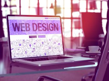 Web Design Concept. Closeup Landing Page on Laptop Screen in Doodle Design Style. On Background of Comfortable Working Place in Modern Office. Blurred, Toned Image. 3D Render.
