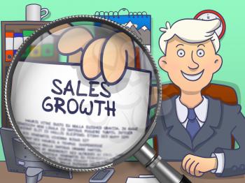 Sales Growth on Paper in Business Man's Hand through Lens to Illustrate a Business Concept. Multicolor Doodle Illustration.