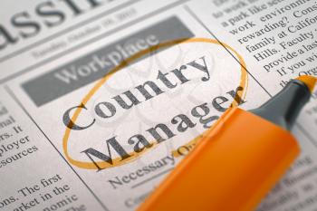 Country Manager - Vacancy in Newspaper, Circled with a Orange Marker. Blurred Image. Selective focus. Job Search Concept. 3D Rendering.