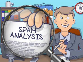 Officeman Shows Concept on Paper Spam Analysis. Closeup View through Magnifying Glass. Colored Doodle Illustration.