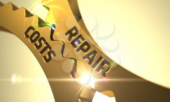 Repair Costs - Industrial Illustration with Glow Effect and Lens Flare. Golden Metallic Gears with Repair Costs Concept. Repair Costs - Technical Design. 3D Render.