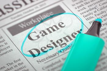 Game Designer - Classified Advertisement of Hiring in Newspaper, Circled with a Azure Highlighter. Blurred Image with Selective focus. Job Search Concept. 3D Render.