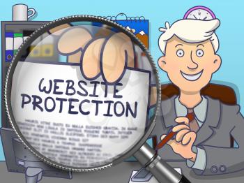 Website Protection. Man in Office Showing through Magnifier Text on Paper. Colored Doodle Illustration.
