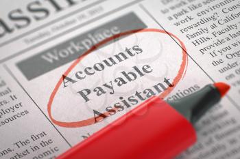 Accounts Payable Assistant - Vacancy in Newspaper, Circled with a Red Highlighter. Blurred Image with Selective focus. Job Search Concept. 3D Render.