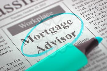 Mortgage Advisor - Vacancy in Newspaper, Circled with a Azure Highlighter. Blurred Image. Selective focus. Concept of Recruitment. 3D Rendering.