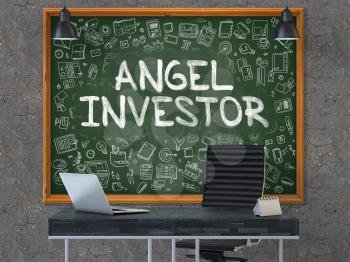 Green Chalkboard with the Text Angel Investor Hangs on the Dark Old Concrete Wall in the Interior of a Modern Office. Illustration with Doodle Style Elements. 3D.