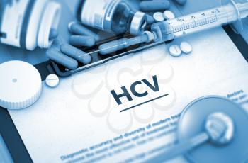 Diagnosis - HCV On Background of Medicaments Composition - Pills, Injections and Syringe. HCV - Medical Report with Composition of Medicaments - Pills, Injections and Syringe. 3D.