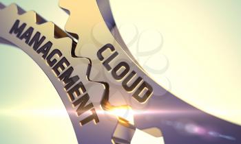Golden Metallic Cog Gears with Cloud Management Concept. Cloud Management Golden Cogwheels. Cloud Management - Illustration with Glow Effect and Lens Flare. 3D.