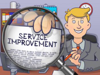 Service Improvement. Businessman Showing Text on Paper through Lens. Colored Modern Line Illustration in Doodle Style.