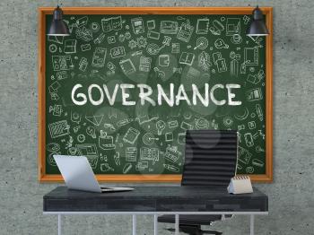 Green Chalkboard with the text Governance Hangs on the Gray Concrete Wall in the Interior of a Modern Office. Illustration with Doodle Style Elements. 3d.