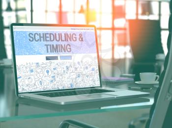 Scheduling and Timing Concept Closeup on Landing Page of Laptop Screen in Modern Office Workplace. Toned Image with Selective Focus. 3D Render.