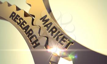 Market Research - Concept. Market Research Golden Metallic Cogwheels. Golden Metallic Gears with Market Research Concept. Market Research - Illustration with Lens Flare. 3D.