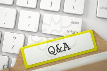 Q&A written on Yellow Card Index Concept on Background of White PC Keyboard. Business Concept. Close Up View. Selective Focus. 3D Rendering.