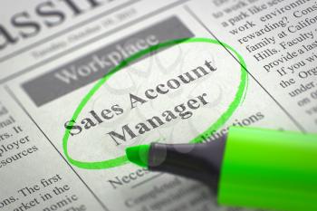 Sales Account Manager - Advertisements and Classifieds Ads for Vacancy in Newspaper, Circled with a Green Highlighter. Blurred Image. Selective focus. Hiring Concept. 3D Rendering.