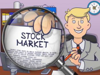 Stock Market. Officeman Welcomes in Office and Shows through Magnifier Concept on Paper. Colored Doodle Illustration.