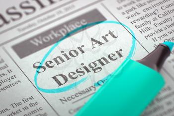 Senior Art Designer - Jobs in Newspaper, Circled with a Azure Highlighter. Blurred Image. Selective focus. Concept of Recruitment. 3D Render.