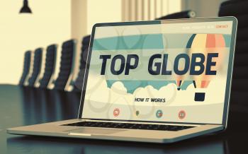 Top Globe on Landing Page of Laptop Screen. Closeup View. Modern Meeting Hall Background. Blurred. Toned Image. 3D.