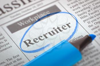 Recruiter. Newspaper with the Small Advertising, Circled with a Blue Highlighter. Newspaper with Vacancy Recruiter. Blurred Image. Selective focus. Job Seeking Concept. 3D.