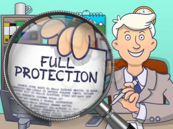 Full Protection. Businessman Holds Out a Paper with Text through Magnifier. Colored Modern Line Illustration in Doodle Style.
