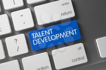 Modernized Keyboard with the words Talent Development on Blue Button. Talent Development Concept: Aluminum Keyboard with Talent Development, Selected Focus on Blue Enter Keypad. 3D.