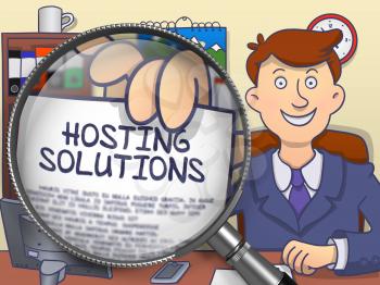 Hosting Solutions on Paper in Business Man's Hand through Lens to Illustrate a Business Concept. Colored Doodle Style Illustration.