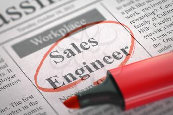 Sales Engineer - Vacancy in Newspaper, Circled with a Red Highlighter. Blurred Image. Selective focus. Hiring Concept. 3D Render.