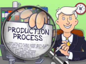 Production Process on Paper in Businessman's Hand through Magnifying Glass to Illustrate a Business Concept. Colored Modern Line Illustration in Doodle Style.