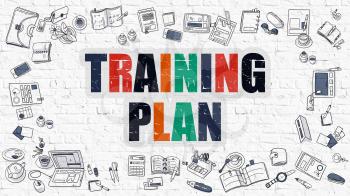 Training Plan - Multicolor Concept with Doodle Icons Around on White Brick Wall Background. Modern Illustration with Elements of Doodle Design Style.